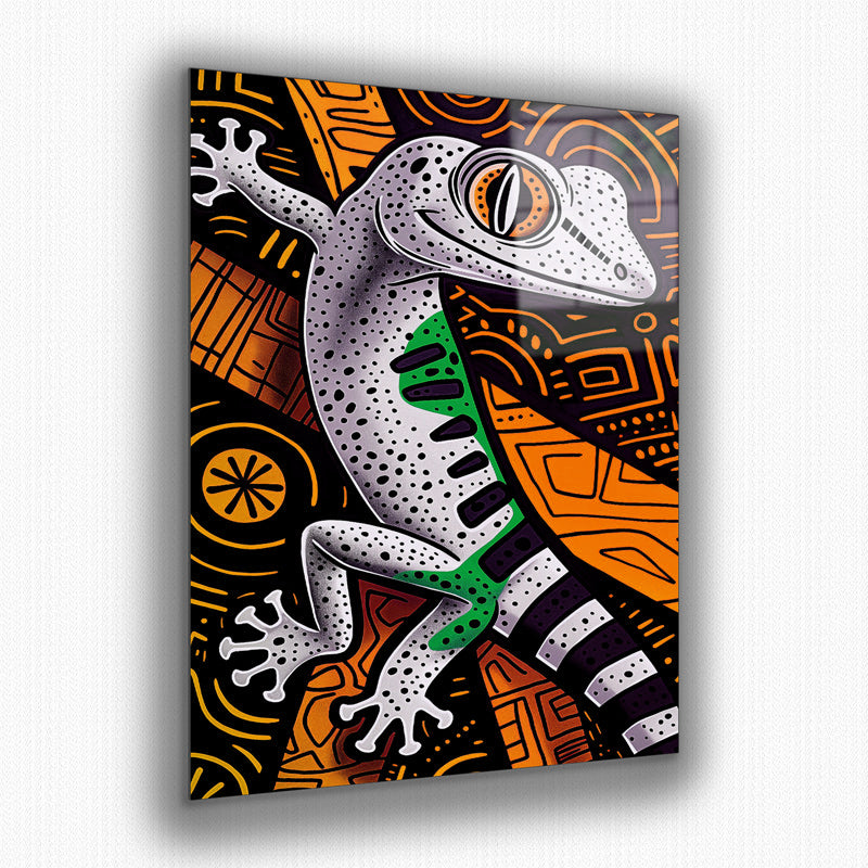 Vibrant metal wall art featuring a striking gecko design, perfect for adding a lively touch to any space.