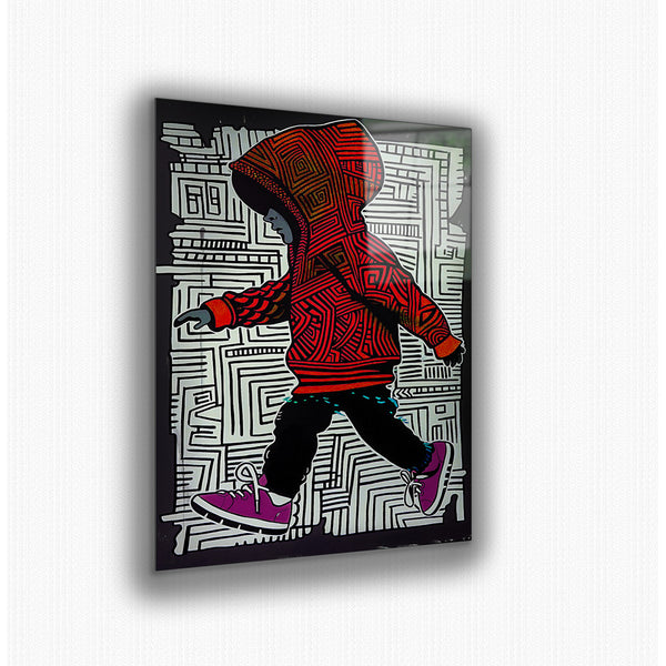 Vibrant metal wall art featuring a boy walking, perfect for adding color and personality to any space.