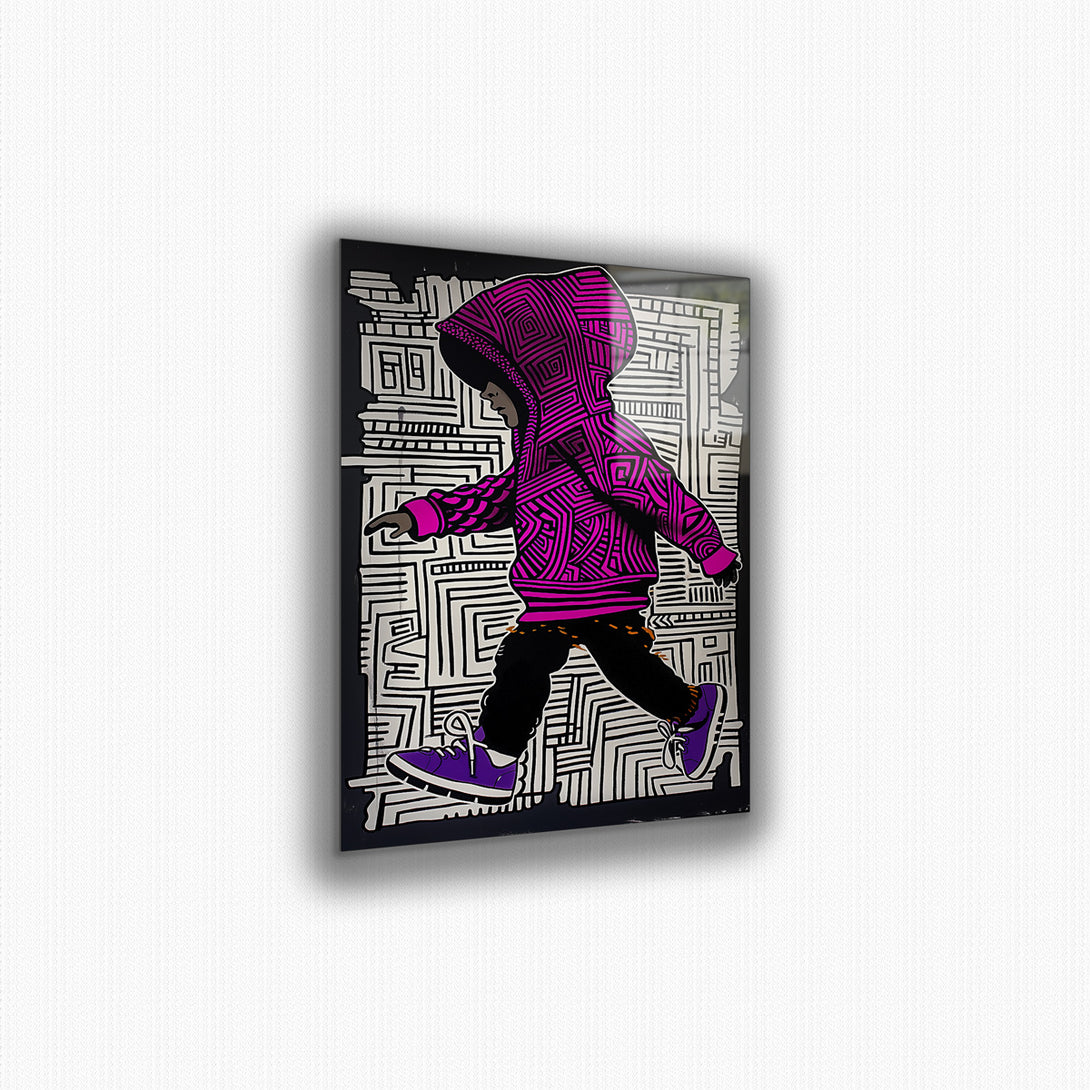 Vibrant metal wall art featuring a boy walking, showcasing bold colors and dynamic design for a lively home decor accent.