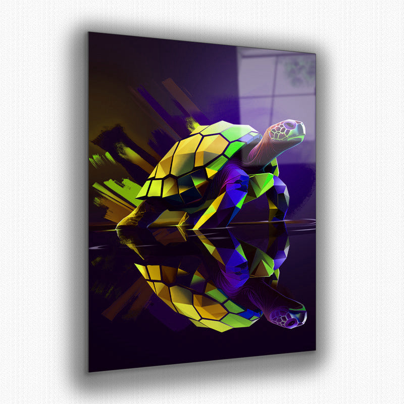 Vibrant metal wall art featuring a colorful geometric turtle design, perfect for adding a modern touch to any space.