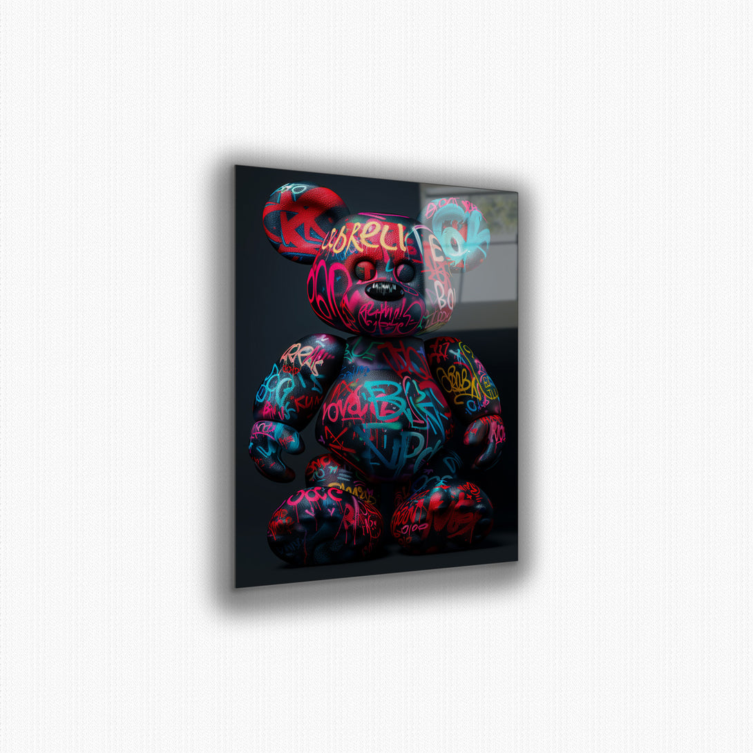 Vibrant metal wall art featuring a colorful graffiti teddy bear, perfect for adding a playful touch to any space.