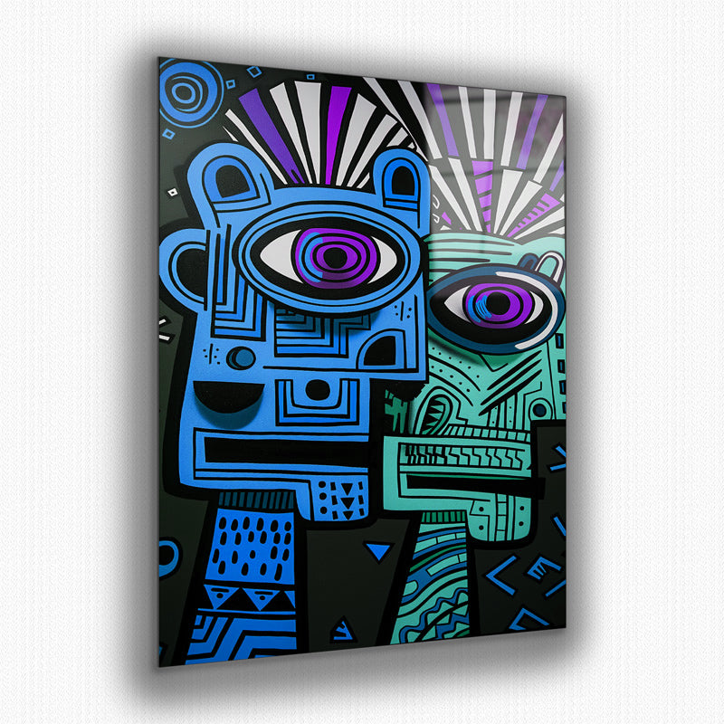 Vibrant metal wall art featuring an intricate blue Aztec design, perfect for adding a bold touch to any space.