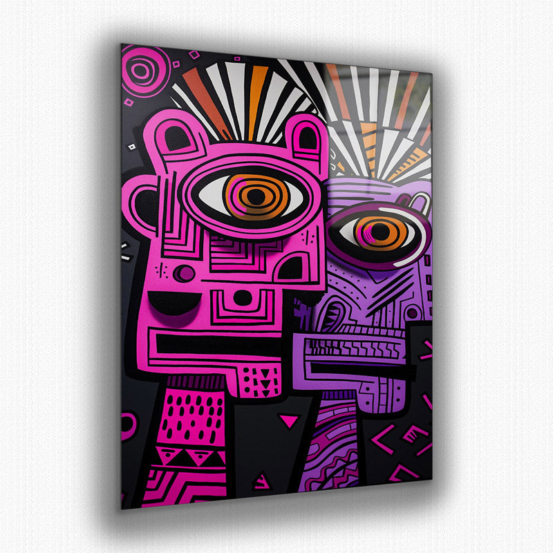 Vibrant metal wall art featuring a bold Aztec-inspired design, perfect for adding a colorful touch to any space.