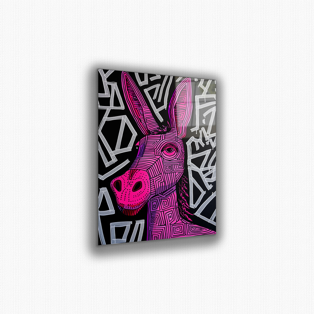 Vibrant metal wall art featuring a playful pink donkey, adding a fun and colorful touch to any space.