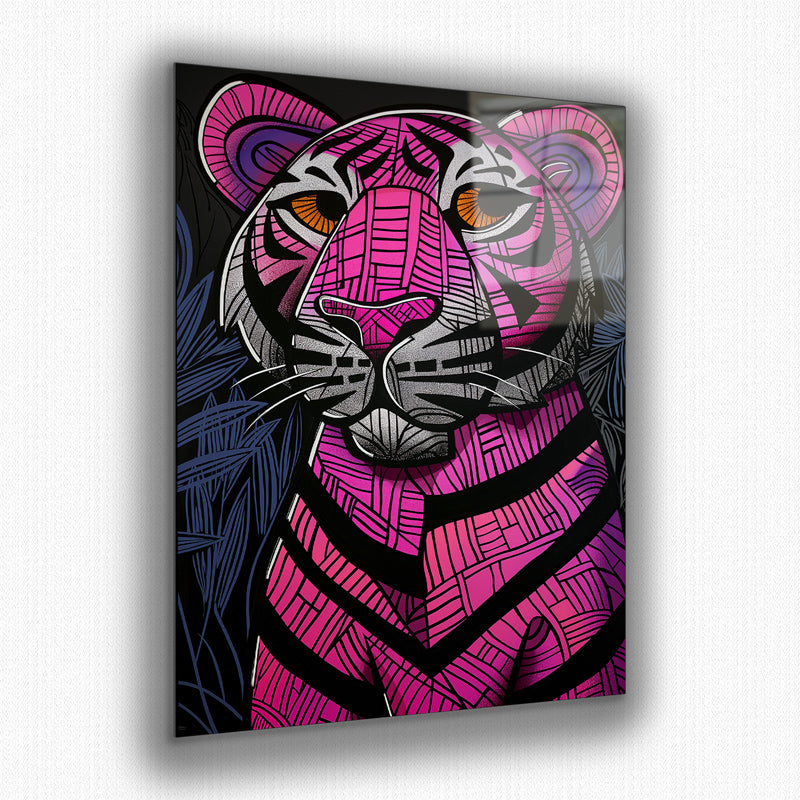 Vibrant metal wall art featuring a striking pink tiger design, perfect for adding a bold touch to any space.