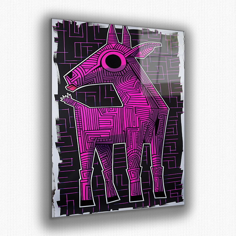 Vibrant metal wall art featuring a playful pink goat design, perfect for adding a whimsical touch to any space.