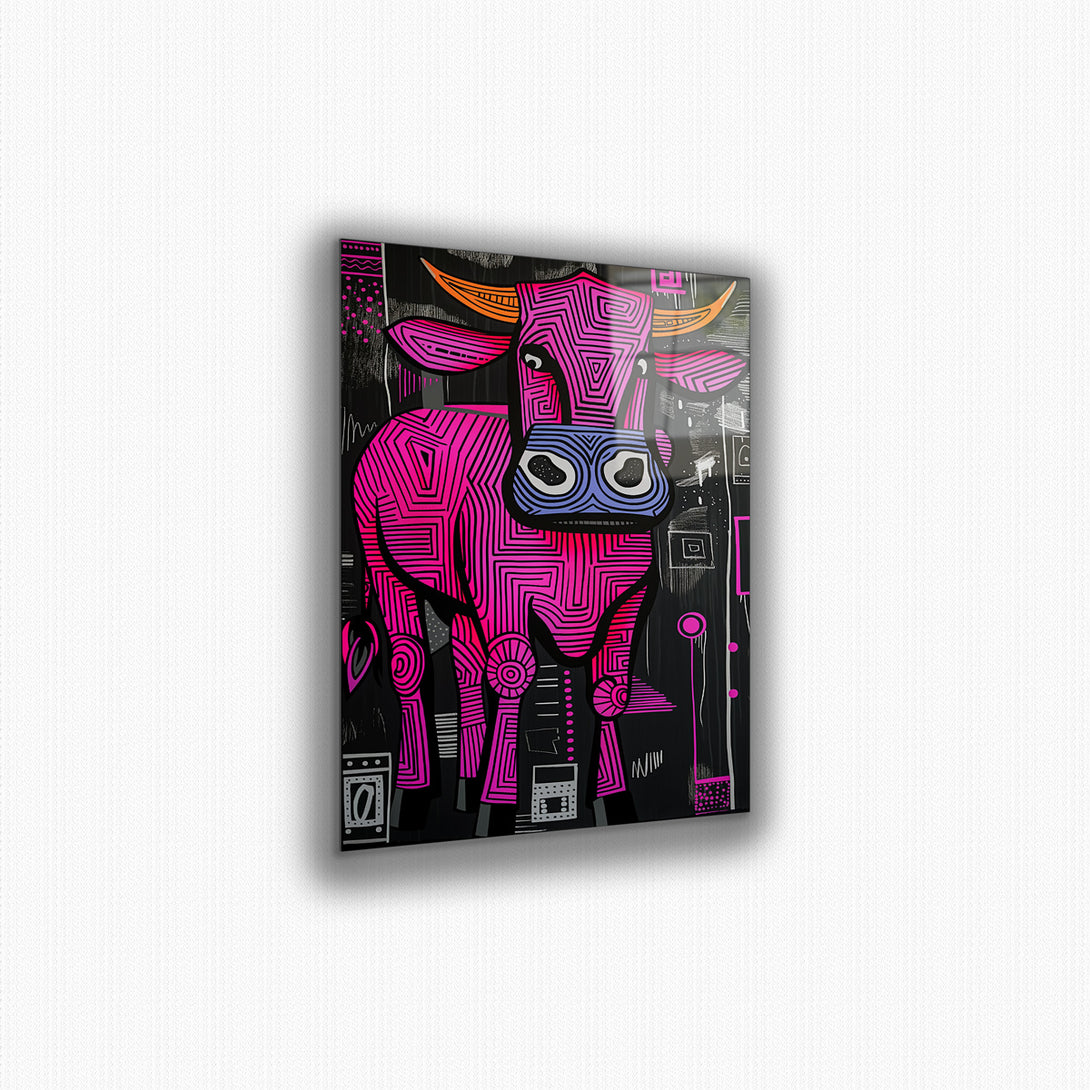 Vibrant metal wall art featuring a playful cow design with a pink marker effect, perfect for adding color and personality to any space.