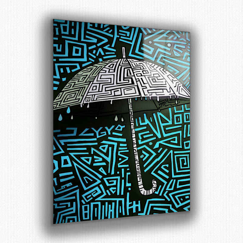 Vibrant metal wall art featuring a playful pink marker umbrella against a blue backdrop, perfect for adding a pop of color to any space.