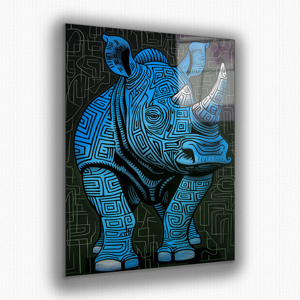 Vibrant metal wall art featuring a colorful pink rhino against a striking blue background, perfect for adding a bold touch to any space.