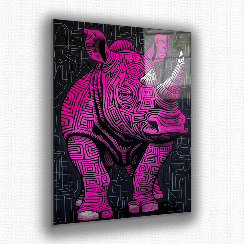 Vibrant metal wall art featuring a striking pink rhino design, perfect for adding a bold and playful touch to any space.