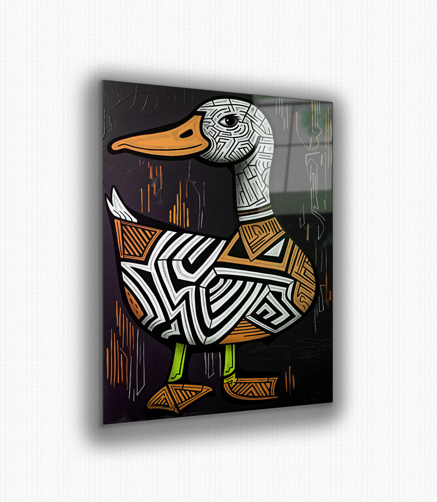 Vibrant metal wall art featuring a playful duck design in orange and pink, perfect for adding a cheerful touch to any space.