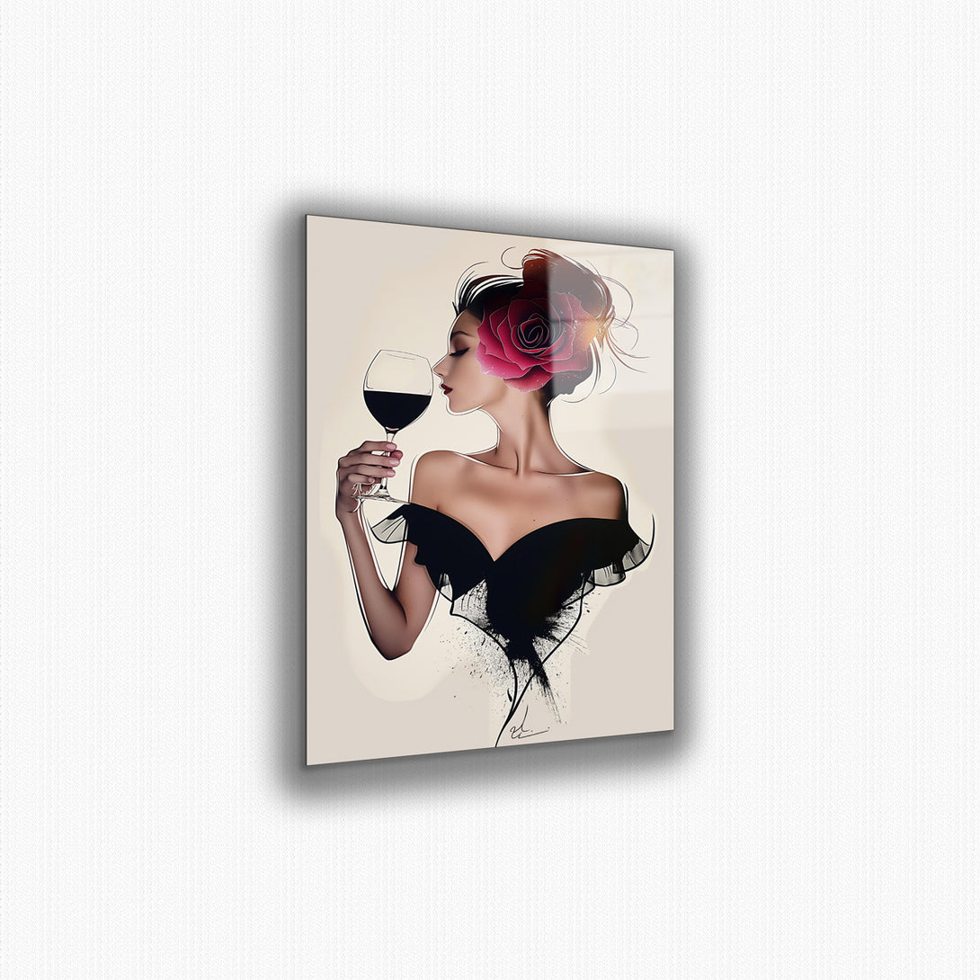 Vibrant metal wall art featuring a sketch of a girl with wine, perfect for adding a chic and artistic touch to any space.