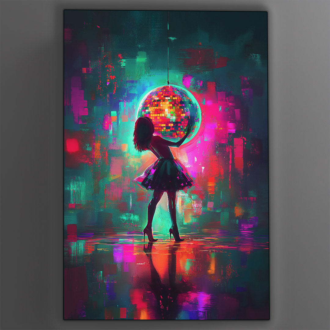 Vibrant metal wall art featuring a girl surrounded by a disco ball, blending pop art style with bold colors and dynamic energy.