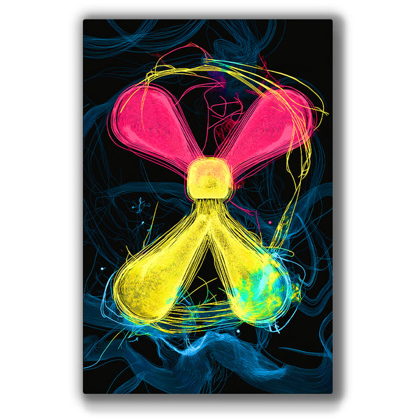 Abstract neon line artwork in bold pink, yellow, and blue hues.  Dynamic neon line art with a modern and futuristic vibe.