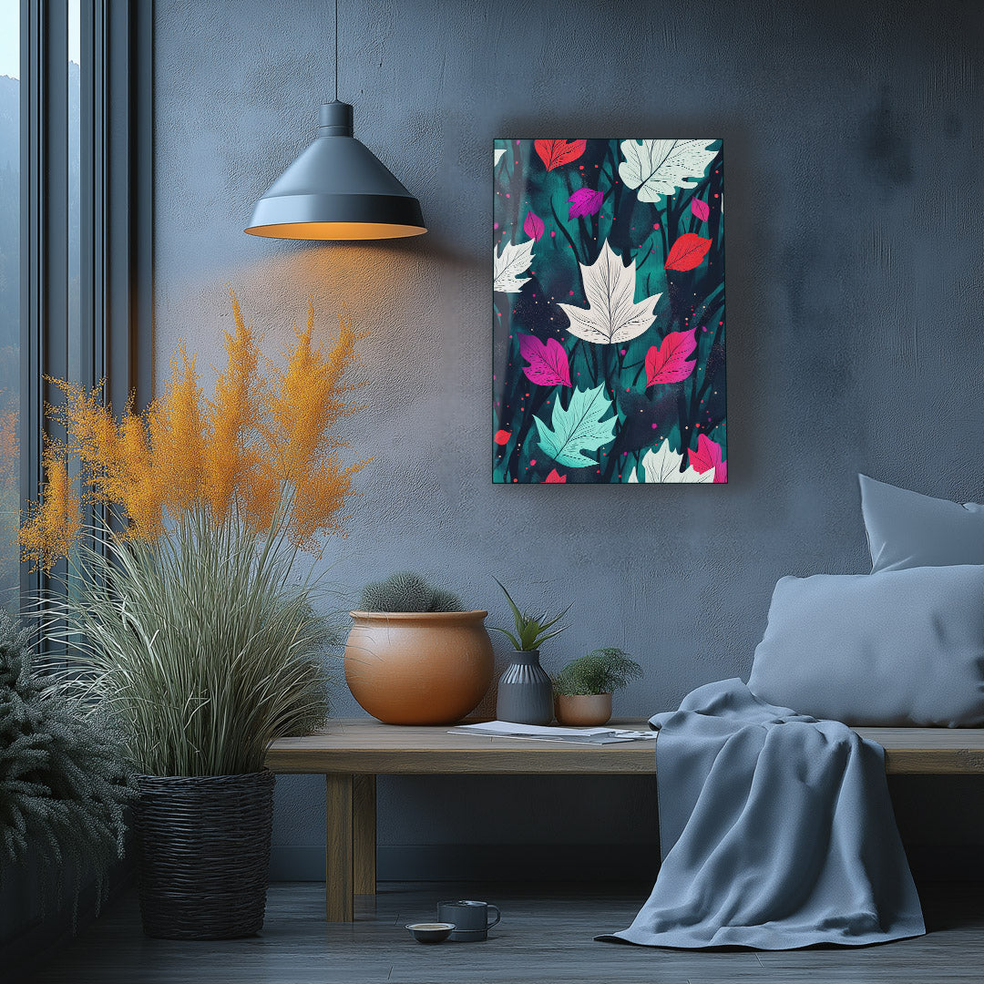 Art panel featuring falling leaves in bold, contrasting colors.
