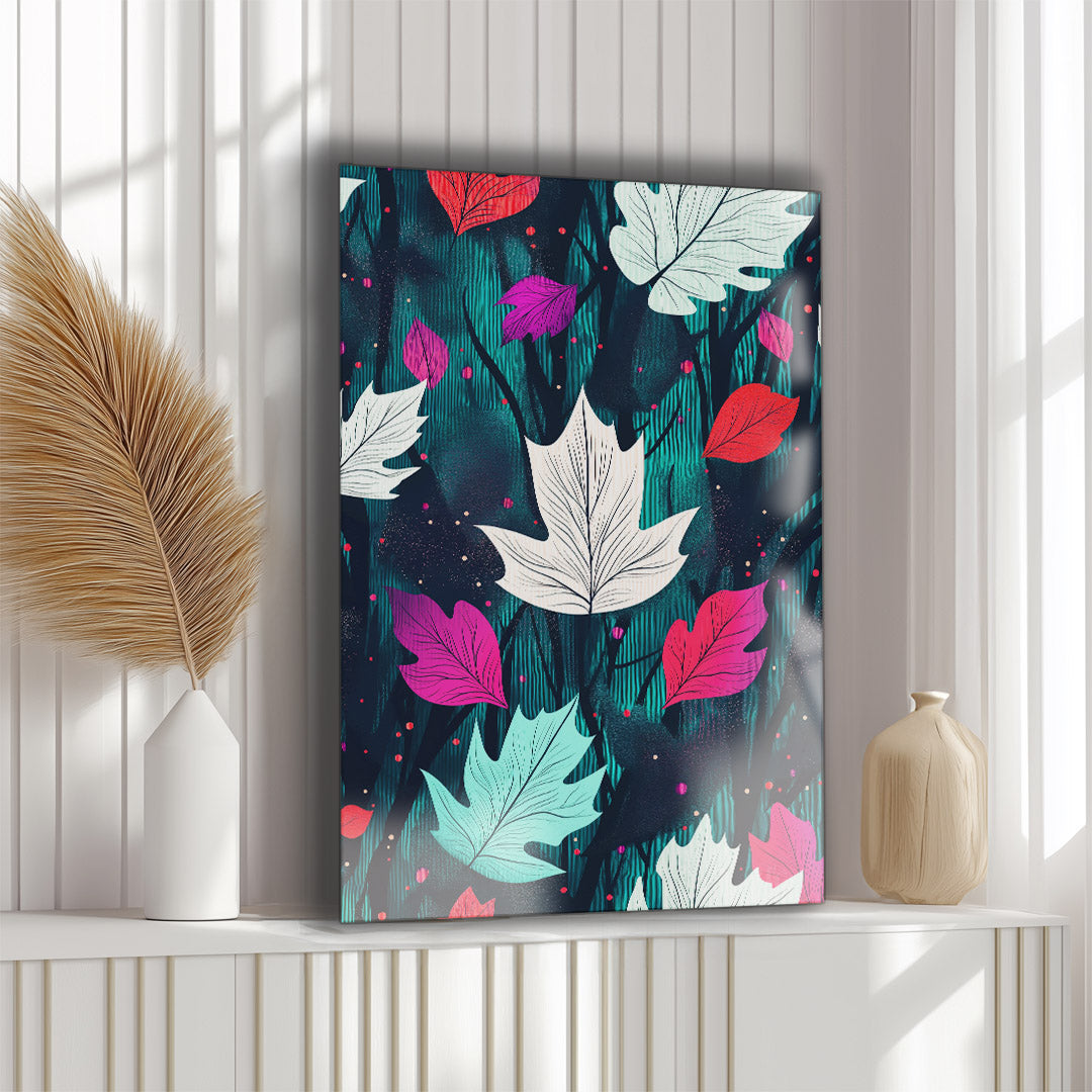 Playful leaf motif with a mix of warm and cool tones for a balanced aesthetic.