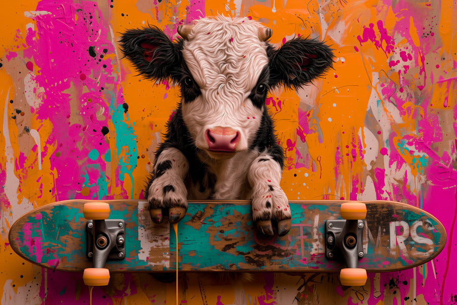 Vibrant metal wall art featuring a playful baby cow on a skateboard, perfect for adding whimsy and color to any space.