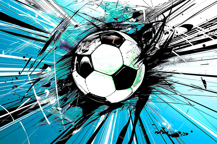 Vibrant metal wall art featuring an abstract blue soccer ball design, perfect for sports enthusiasts and modern decor.