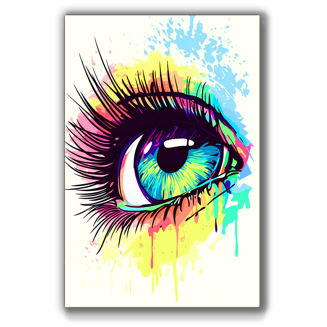 Neon eye wall art featuring bold blue, pink, and yellow hues dripping with vibrant energy.