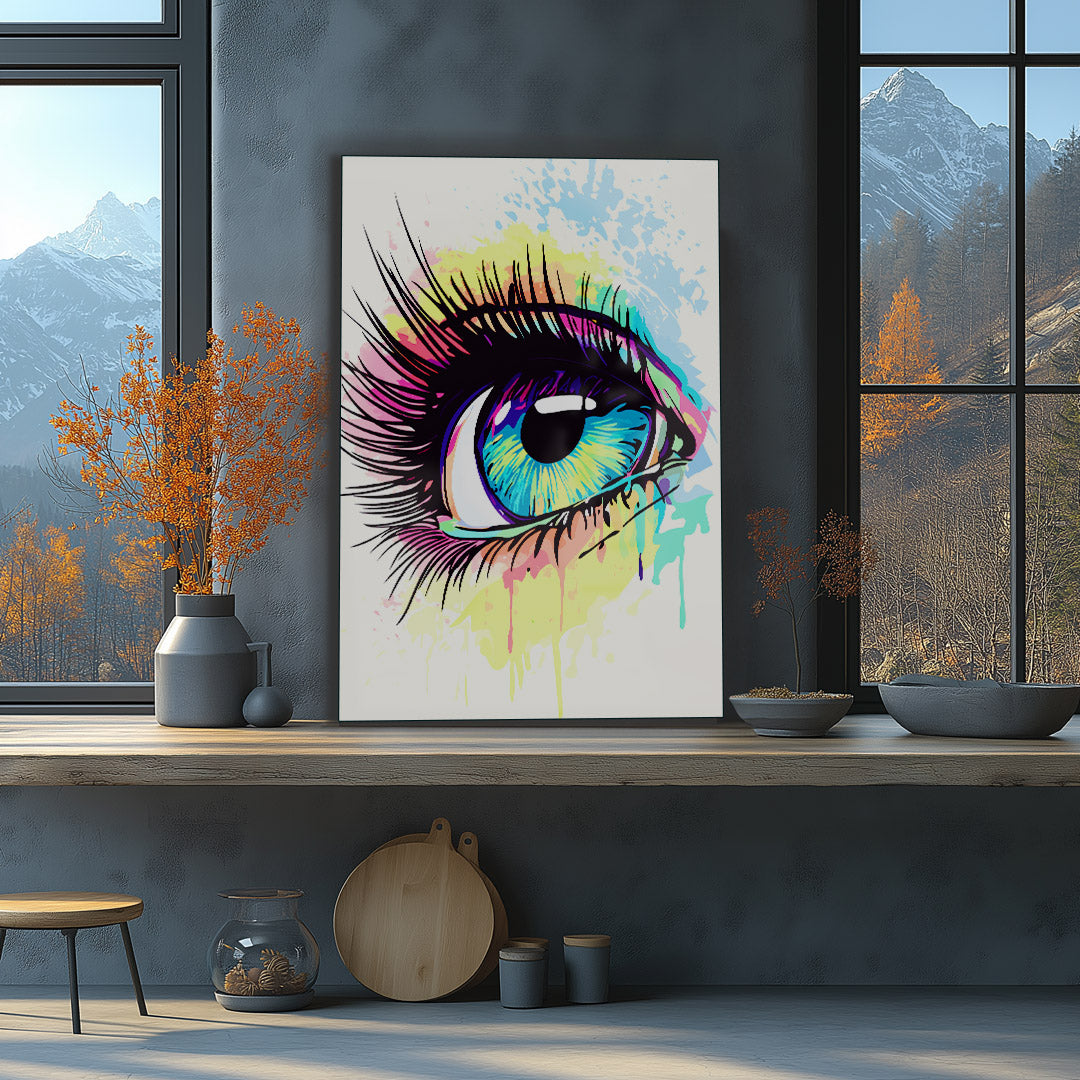 Modern neon eye art print with bold colors and artistic flair.