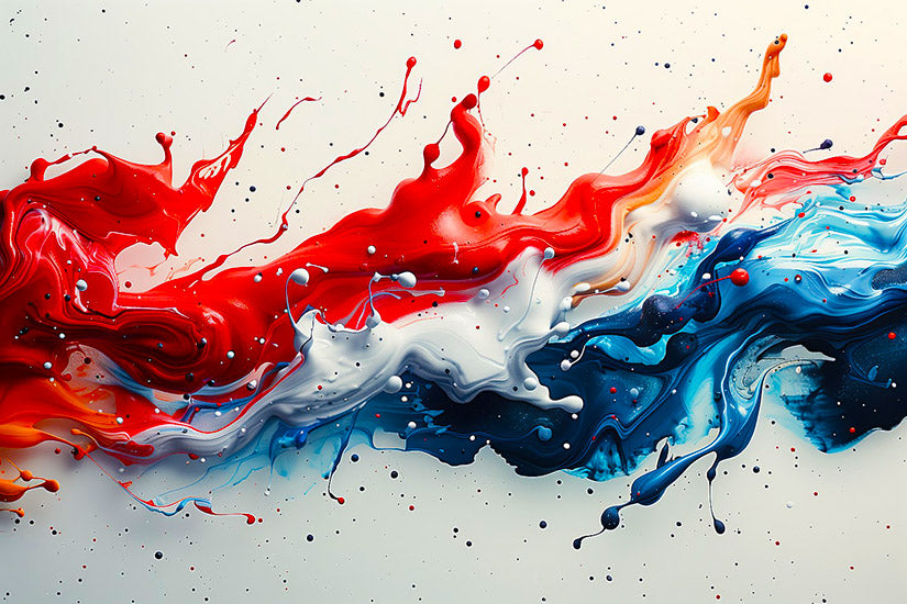 Abstract paint wall art with bold reds, whites, and blues.
Dynamic color flow artwork with modern abstract energy.