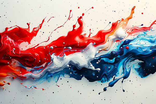 Abstract paint wall art with bold reds, whites, and blues.
Dynamic color flow artwork with modern abstract energy.