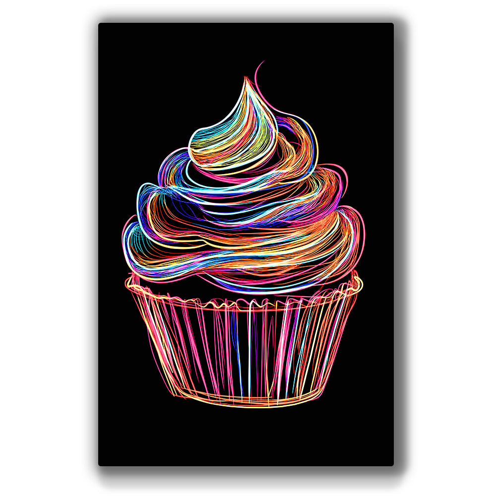 Colorful neon cupcake wall decor with glowing rainbow details.