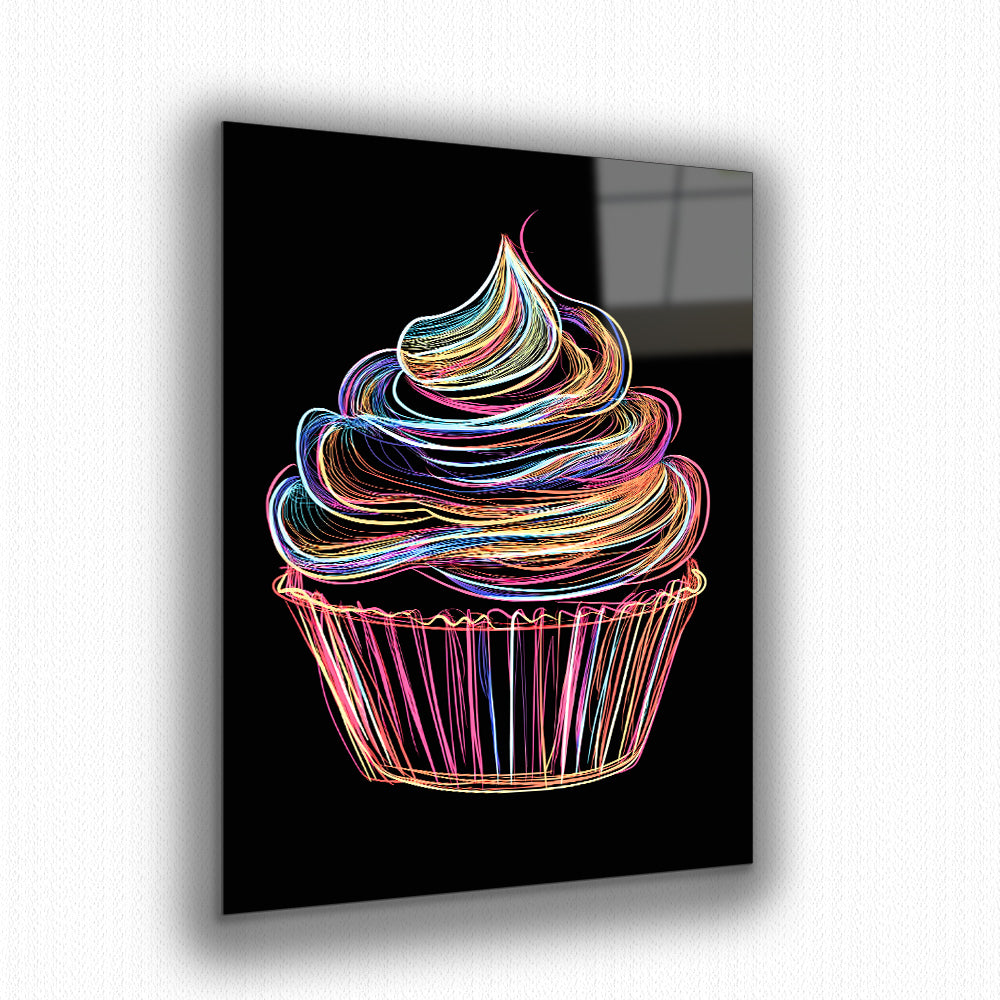 Colorful neon cupcake wall decor with glowing rainbow details.