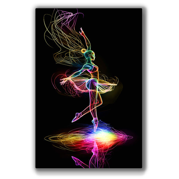 Vibrant neon ballerina artwork set against a bold black background.