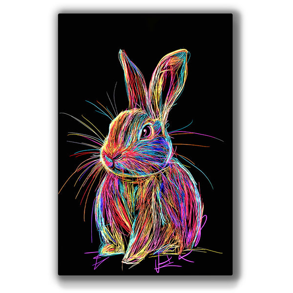 Playful vibrant bunny artwork featuring bright neon colors and whimsical charm.