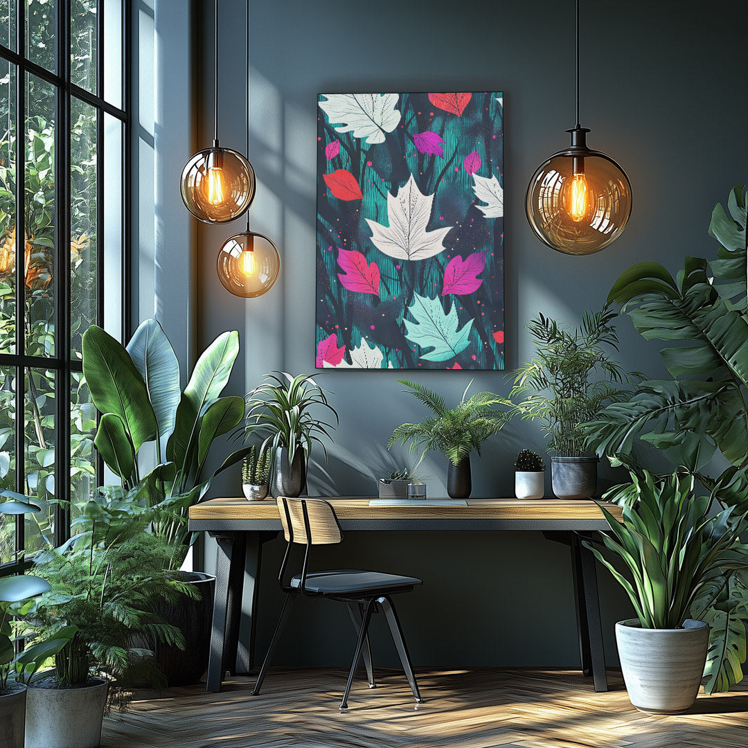 Bold leaf artwork with vivid colors and modern botanical design.