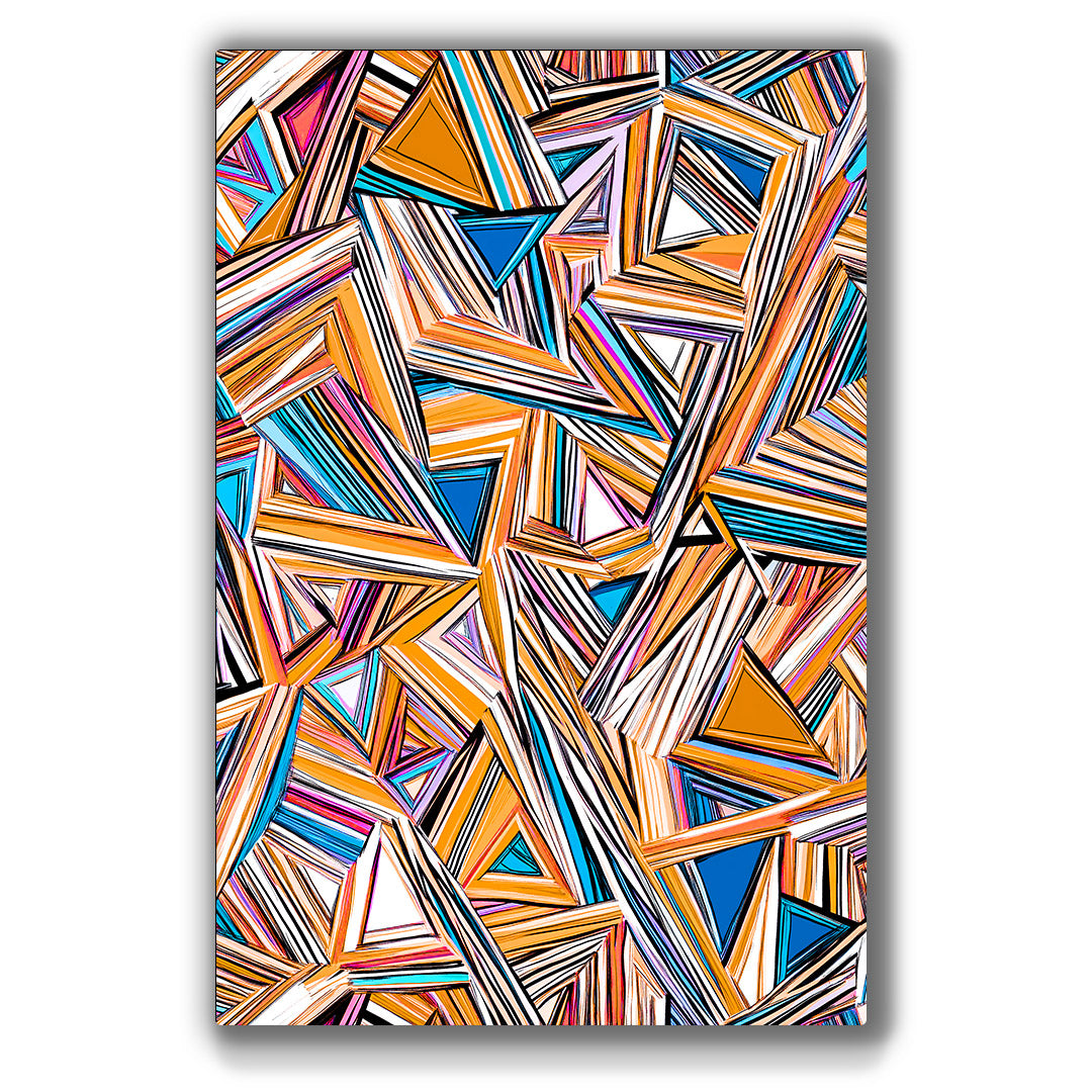 Bold geometric abstract artwork in orange, blue, and white tones.