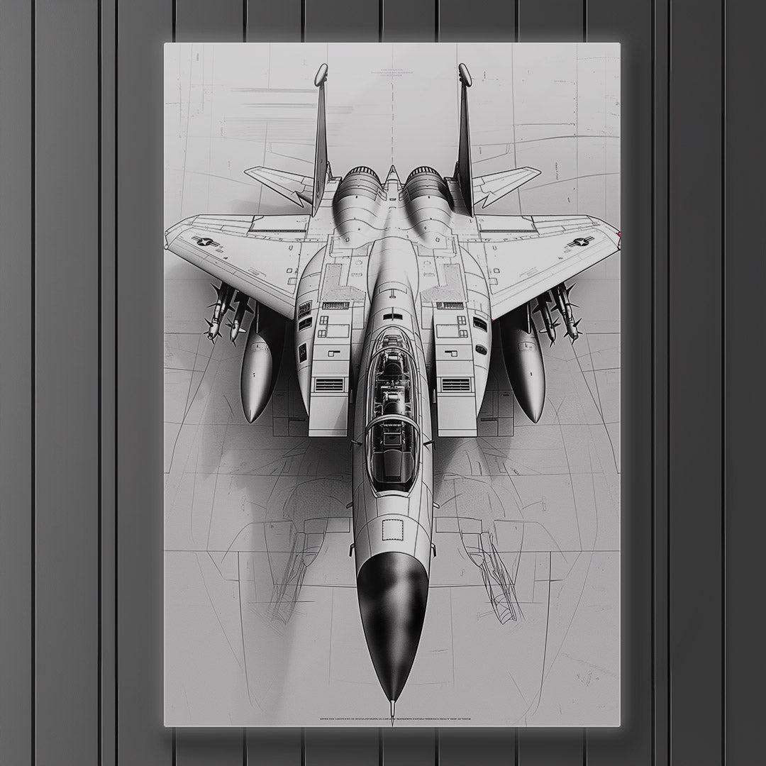 High-contrast jet fighter wall art for contemporary interiors.