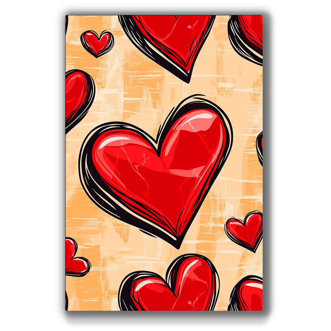 Bold red heart pattern wall art with a warm, textured background.