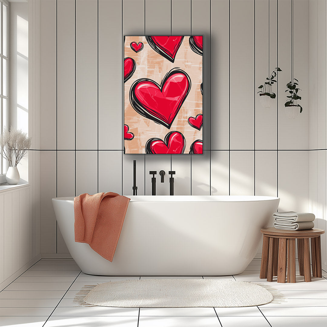 Playful and romantic artwork featuring vibrant red hearts.