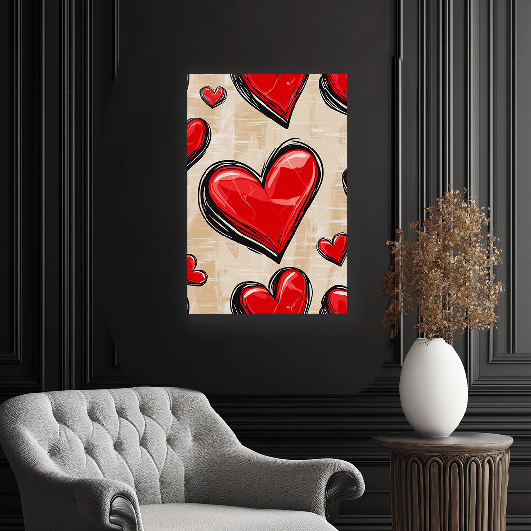 Cheerful wall art with glossy red hearts on a cozy backdrop.