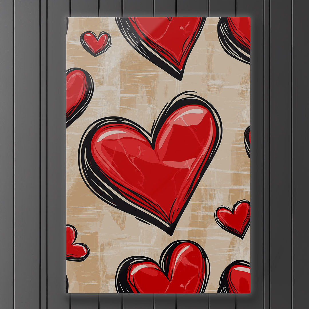 Romantic decor piece featuring bold red heart patterns.