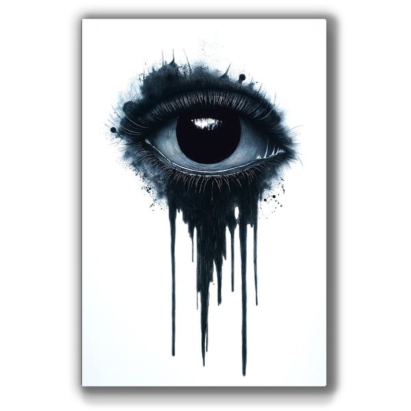 Black-and-white eye artwork with dripping paint effects.  Surreal eye wall art perfect for modern and creative spaces.