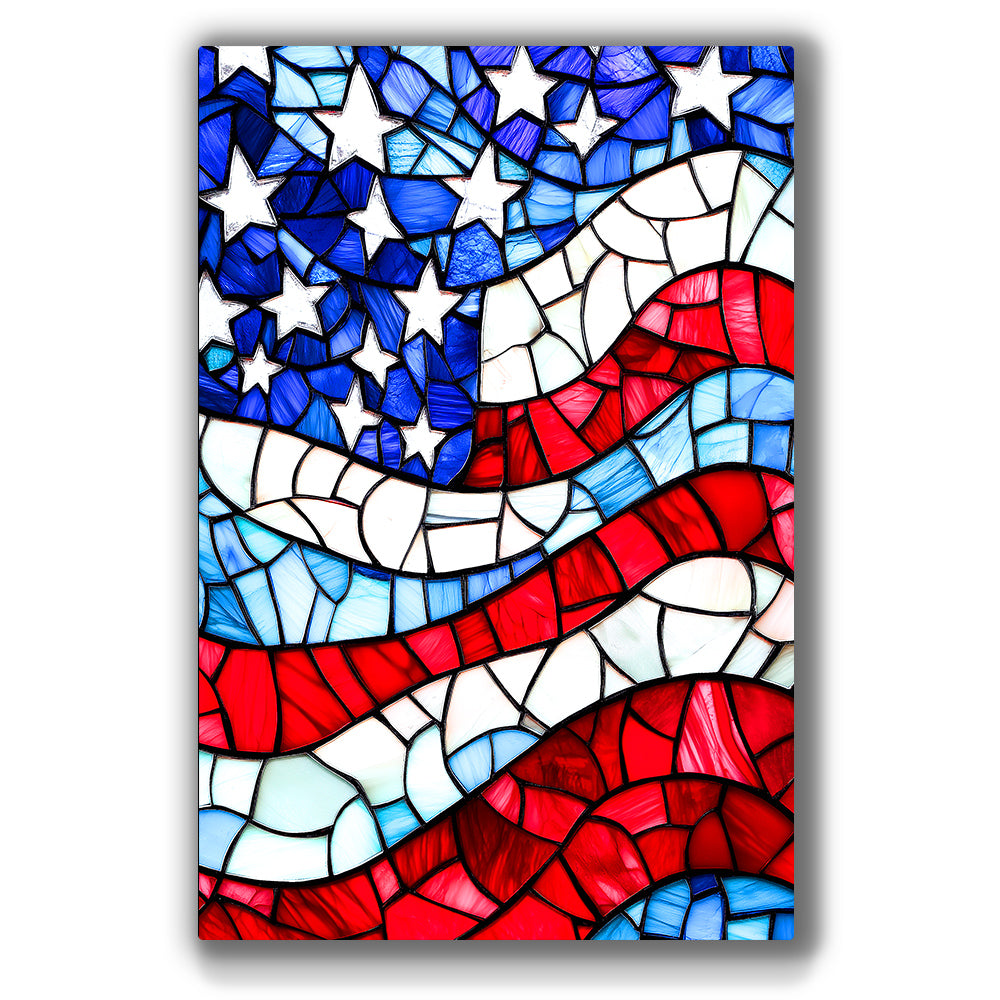 Stained glass-inspired American flag with bold red, white, and blue.
Vibrant patriotic artwork perfect for bold and prideful interiors.