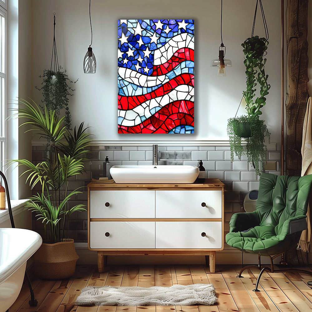 Colorful American flag wall art with intricate stained glass effect.