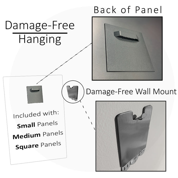 Damage-Free Hanging ClariDepth™ Photo Panels included with small, medium, and large sizes.