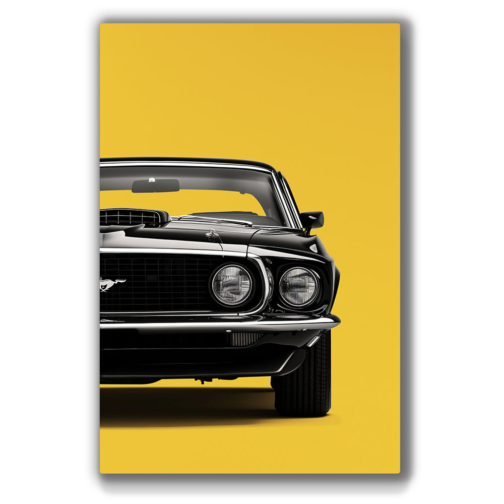 Classic Mustang wall art featuring bold yellow background and vintage car details.