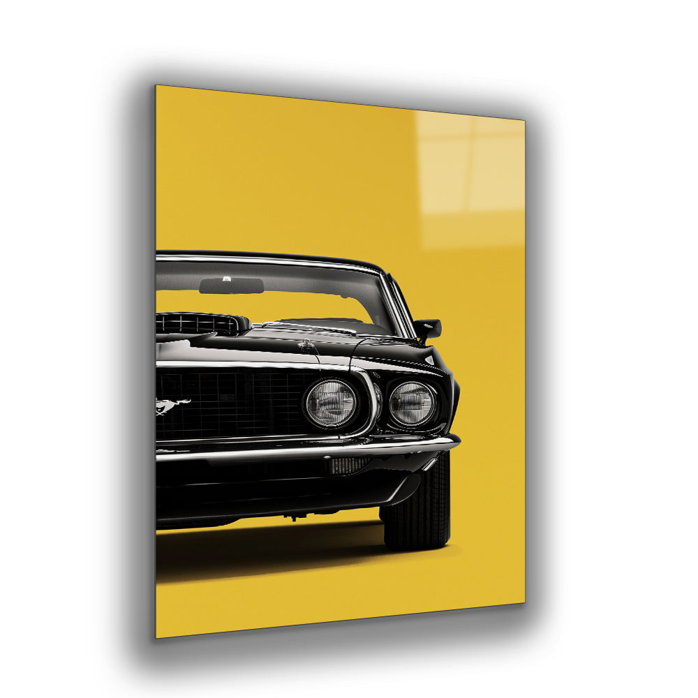 Retro Mustang artwork with vibrant yellow hues and timeless car design.
