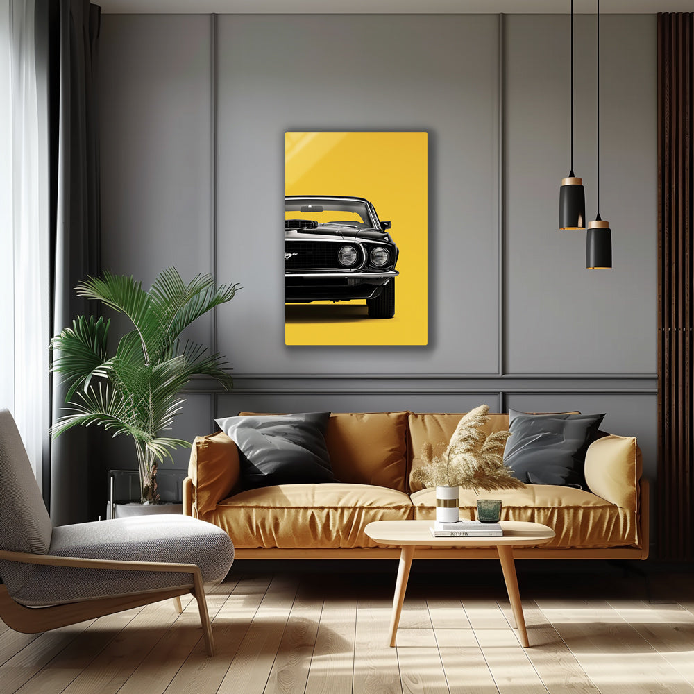 Bold yellow Mustang wall art showcasing sleek vintage car lines.