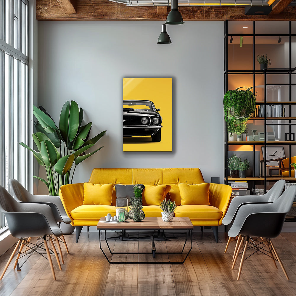 Classic car art print featuring a Mustang against a bright yellow backdrop.