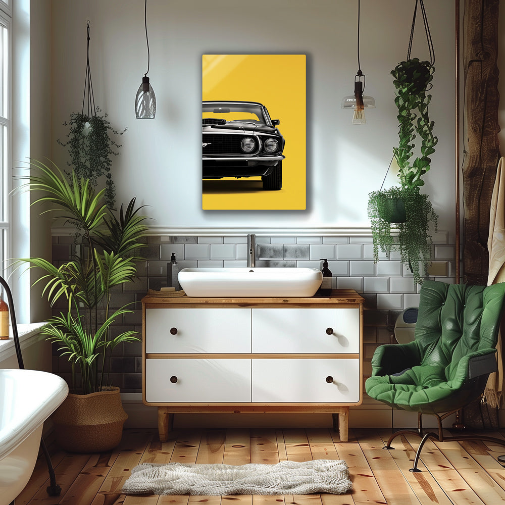 Vintage Mustang wall art with bold yellow colors and retro flair.