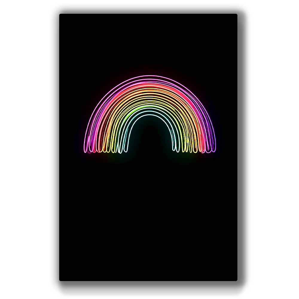 Neon rainbow wall art featuring glowing arcs on a sleek black background.