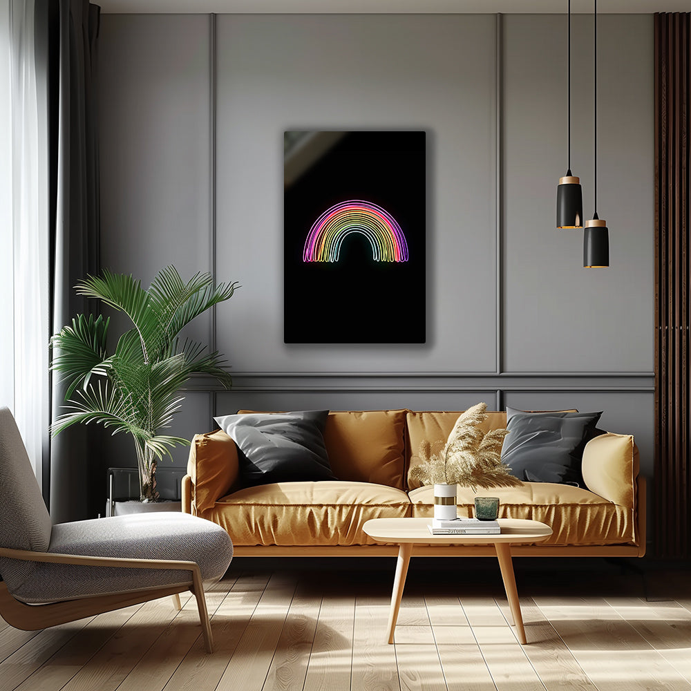 Vibrant neon rainbow art print glowing against a dark backdrop.