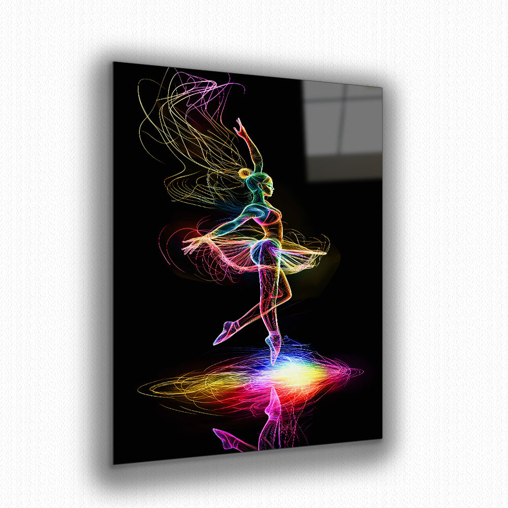 Neon ballerina wall art featuring vibrant rainbow hues in mid-pirouette.
