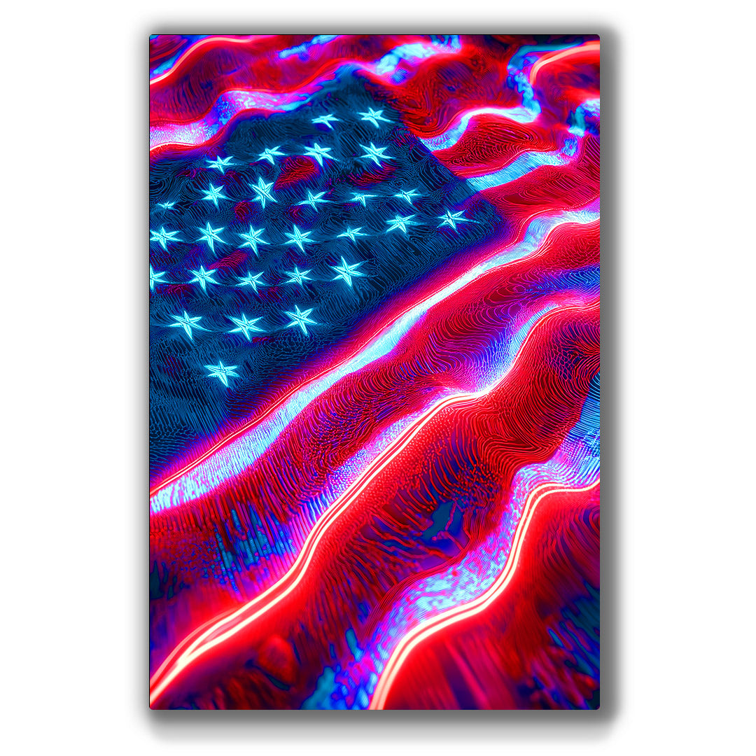 Vibrant neon American flag artwork with glowing red, white, and blue.
Shiny and modern patriotic design for bold interiors.